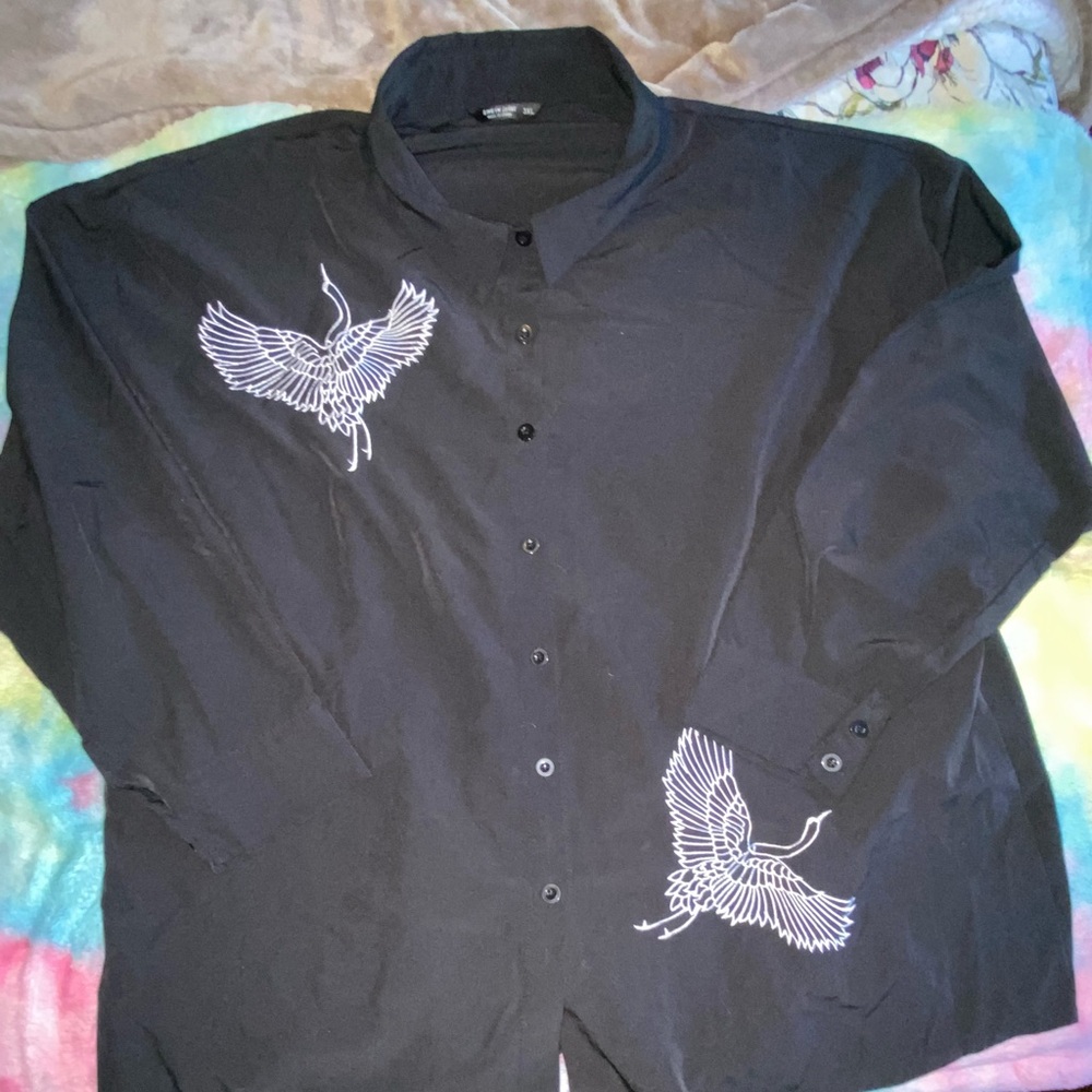 Black Long Sleeve Blouse By Shein size 3XL pre owned beautiful white embroidery - Picture 1 of 10